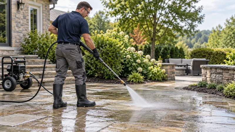 Pressure washing technician cleaning a stone patio beside a garden