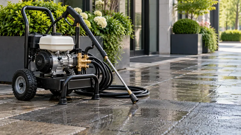 Pressure washer, hose and spray lance beside a commercial pavement