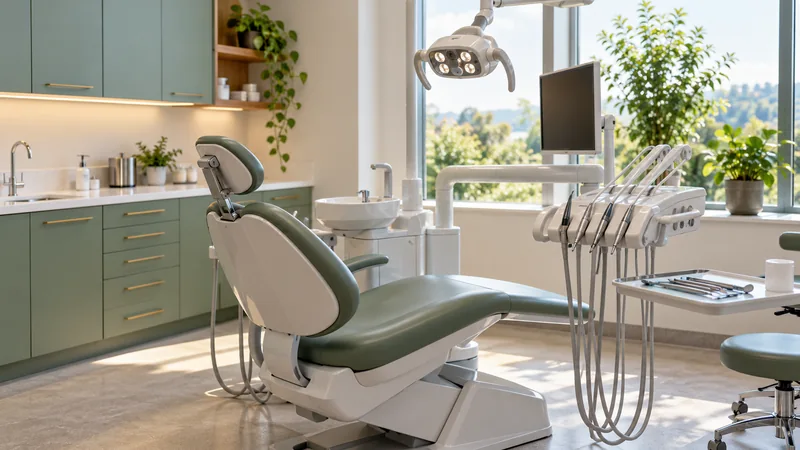 Modern dental treatment chair and equipment in a bright clinic