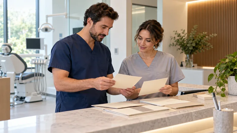 Dental clinic founders discussing brand materials at reception