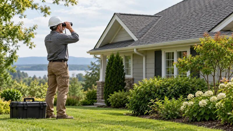 Roofing contractor inspecting shingles from a safe ground-level viewpoint