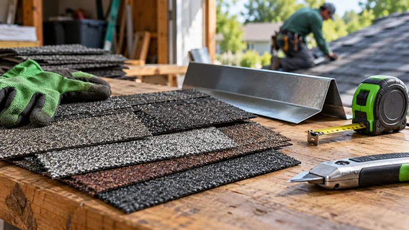 Asphalt shingle samples, flashing and roofing tools in a workshop