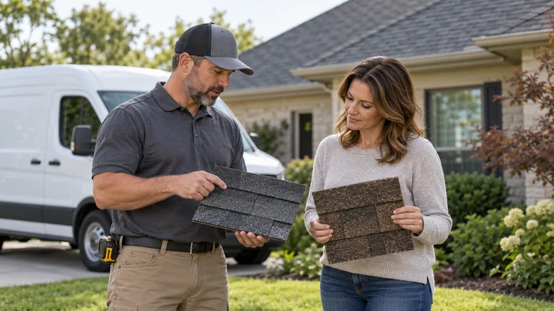 Roofing contractor explaining roof material options to a homeowner
