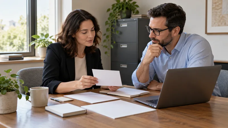 Bookkeeping business partners reviewing stationery and service scope