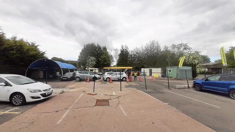 Parking area outside a low service building