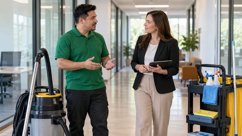 Cleaning business owner discussing office cleaning scope with a manager