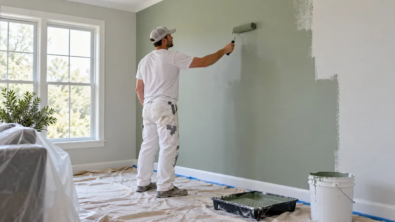 Professional painter rolling paint onto an interior wall