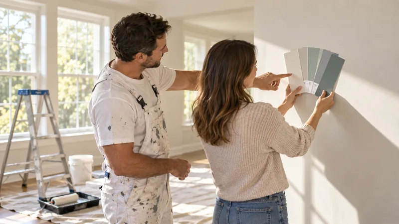 Painting contractor and homeowner comparing wall color samples