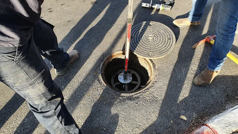 Workers inspecting a street drainage access opening