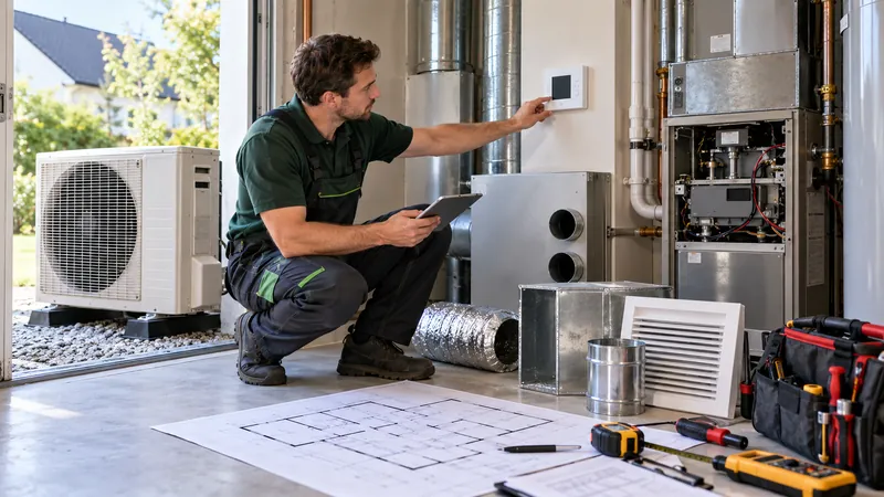HVAC technician comparing thermostat, air handler and ventilation components