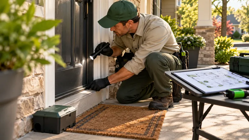 Pest control professional planning residential inspection using monitoring stations and inspection tools