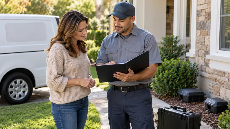Pest control technician discussing service identity and inspection materials with a homeowner