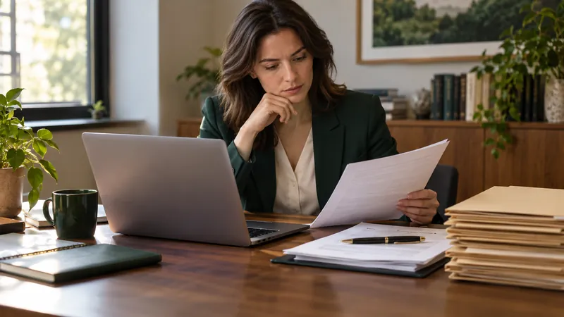 Consulting firm administrator reviewing pending name searches and business proposals