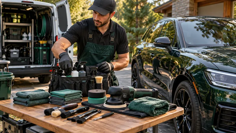 Mobile detailer comparing polishing, interior cleaning and vehicle care equipment