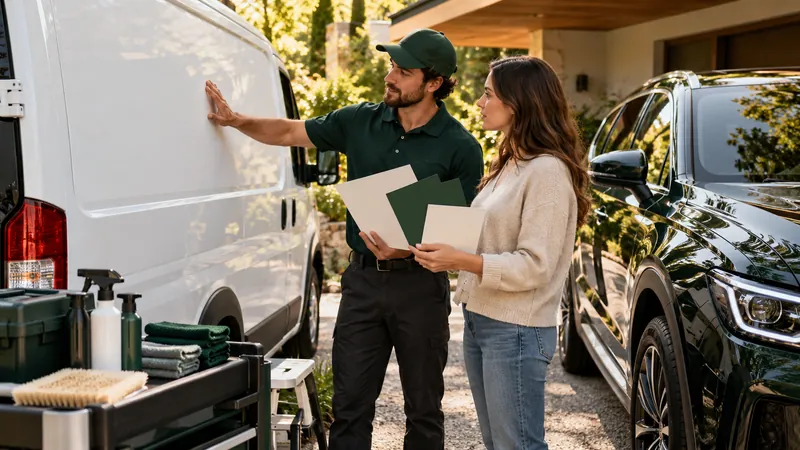 Detailer and car owner comparing service van branding and service cards