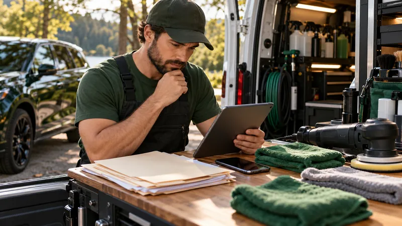 Mobile detailing business owner reviewing pending names beside detailing tools
