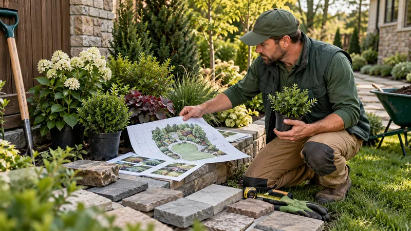 Landscaper comparing planting plans, plant samples and garden materials