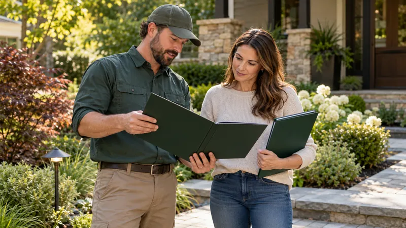 Landscape designer and homeowner comparing proposal branding in a residential garden