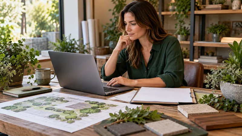 Landscape business administrator checking names beside garden plans and plants