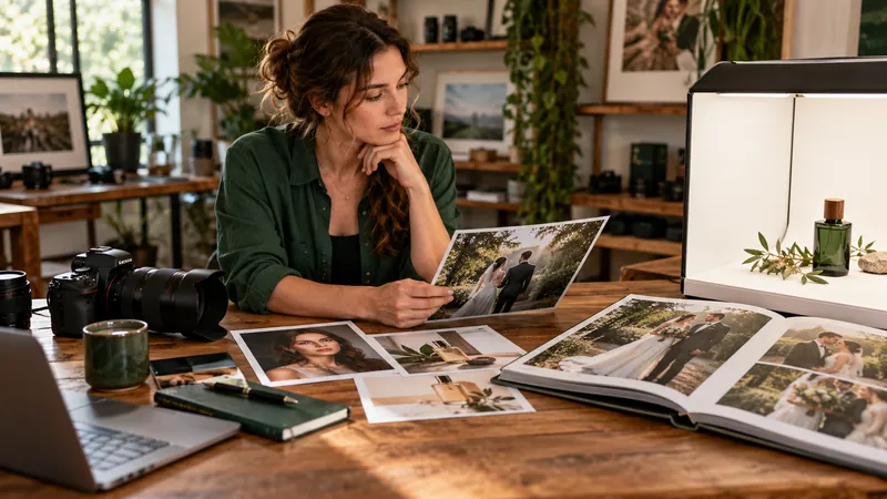 Photographer comparing portrait, product and wedding photography service samples