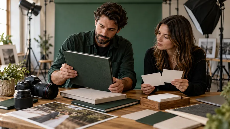 Photographers comparing album covers and studio business card branding