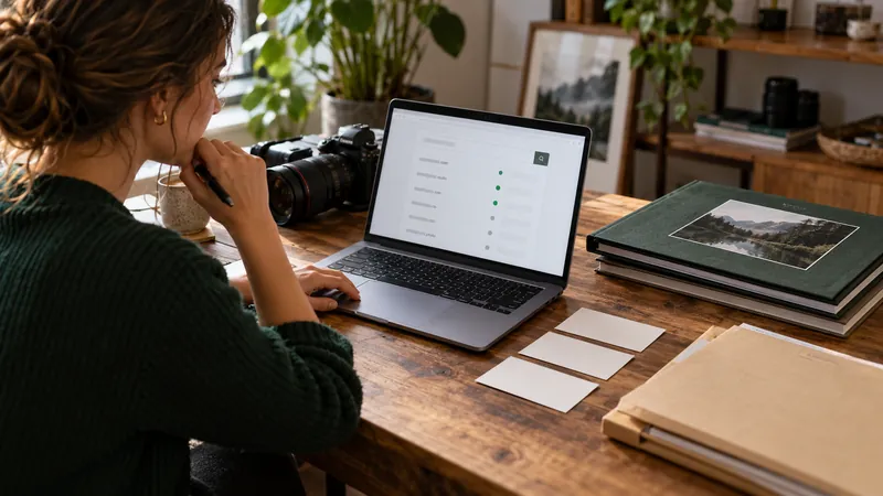 Photographer reviewing studio name availability beside camera and portfolio materials