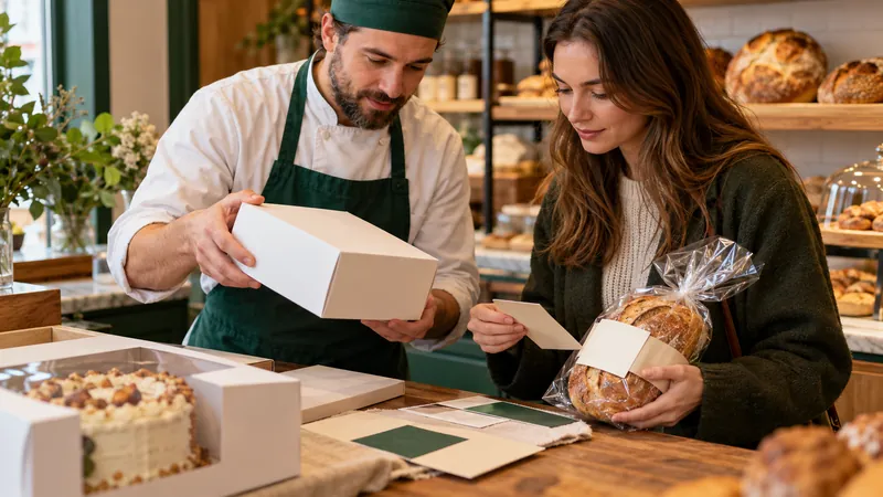 Baker and customer comparing cake boxes and bread packaging identity