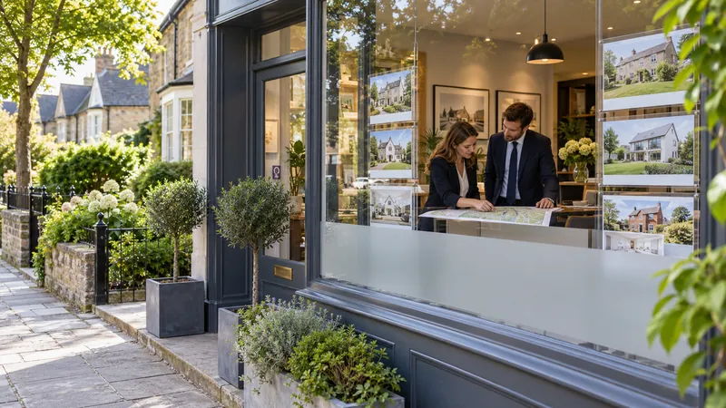 Local real estate agents reviewing a neighborhood map in a property agency