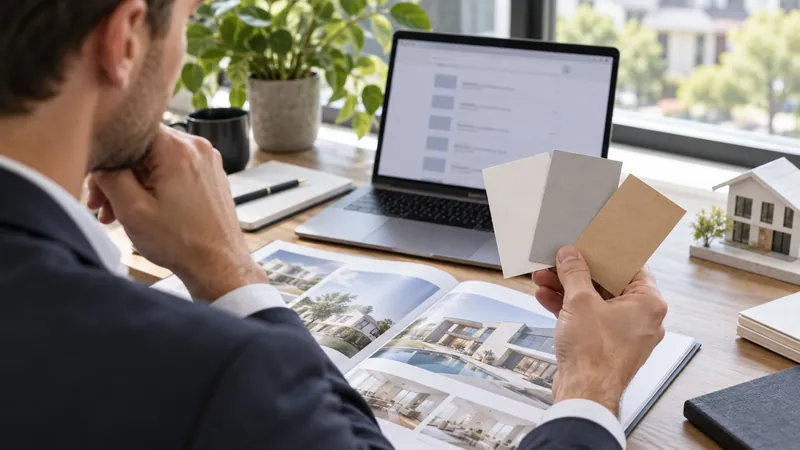Real estate founder comparing business cards beside a laptop and property brochure