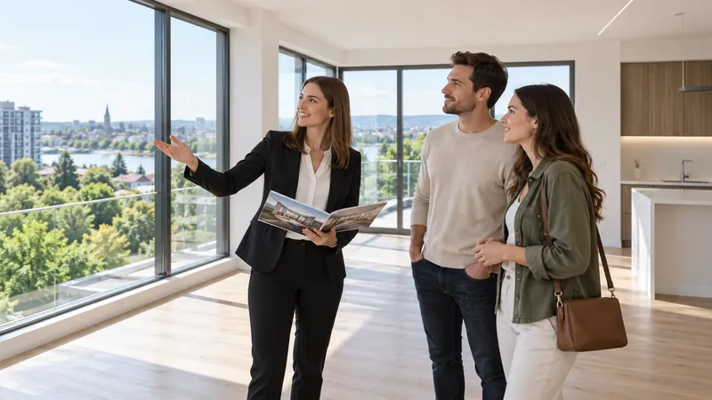Property consultant showing a bright apartment to prospective buyers
