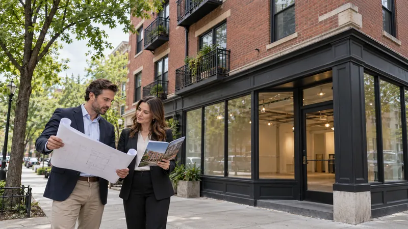 Property professionals reviewing a commercial building and floor plan