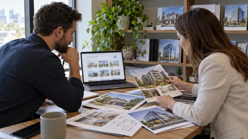 Real estate founders comparing residential and commercial brochures with a laptop