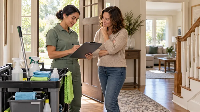 Cleaner discussing a household service checklist with a homeowner beside a trolley