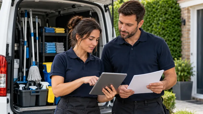Cleaning business colleagues reviewing a tablet and checklist beside their service van
