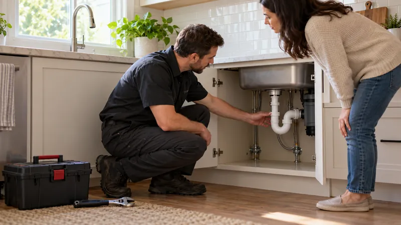 Plumber inspecting a kitchen sink drain while discussing the repair with a homeowner