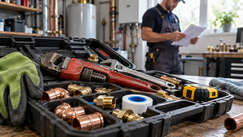 Pipe wrench and plumbing fittings in an open tool case with a plumber reviewing a job sheet
