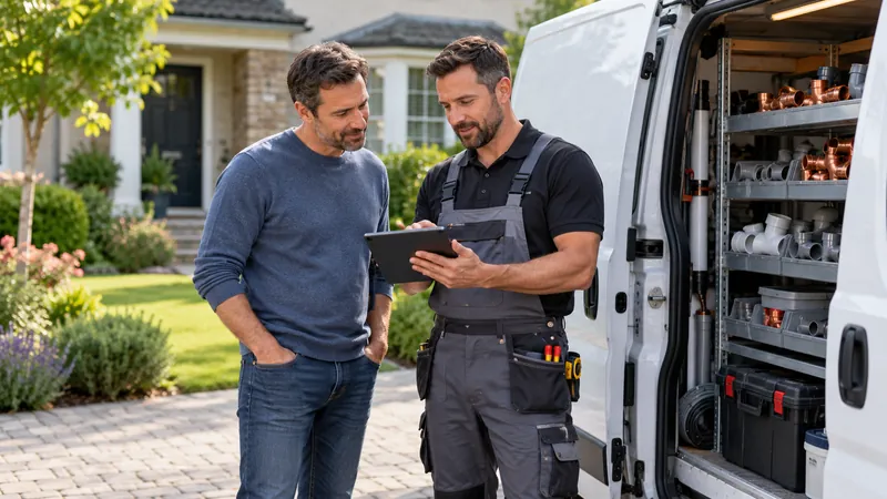 Plumbing business owner discussing an estimate with a homeowner beside a service van