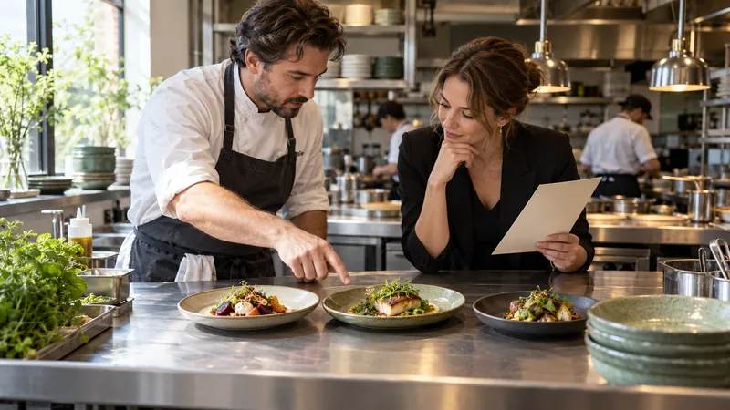 Chef and restaurant founder reviewing plated dishes and a menu concept