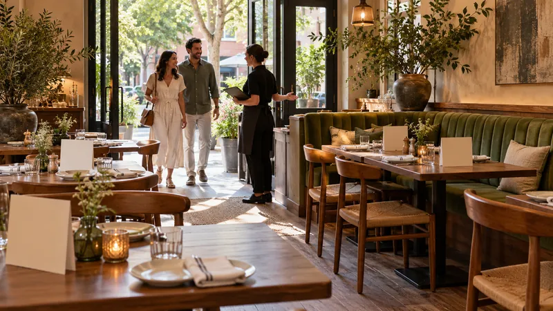 Host welcoming guests into a neighborhood restaurant with green banquette seating