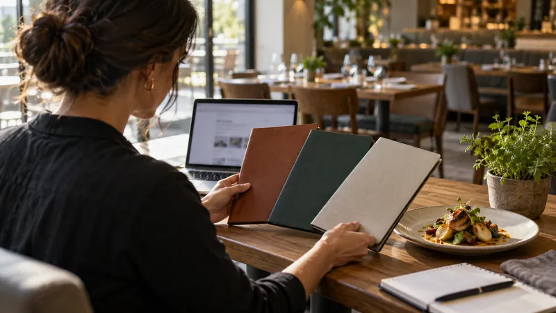 Restaurant founder comparing menu cover samples beside a laptop and signature dish