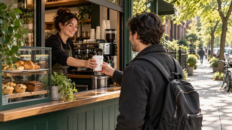 Barista serving a commuter at a neighborhood walk-up espresso window