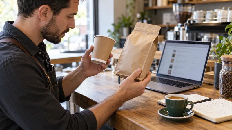 Cafe founder reviewing a takeaway cup and coffee bag beside a laptop