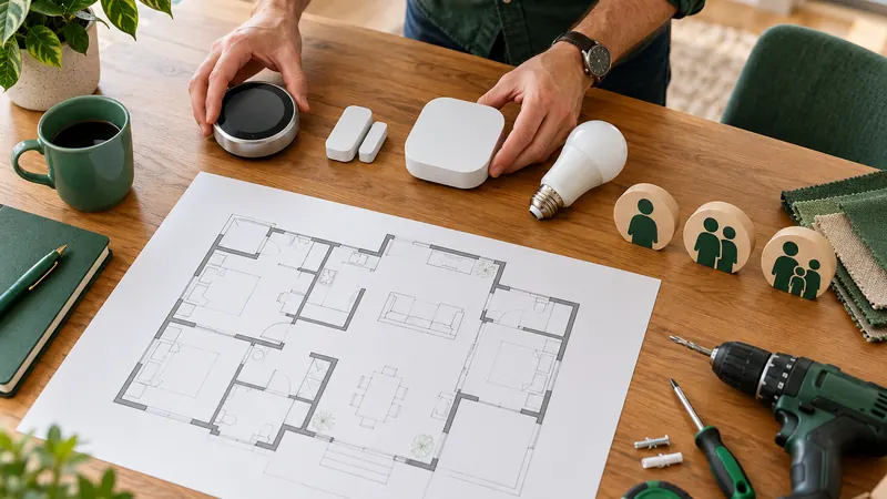Smart home devices, installation tools and household customer tokens arranged beside a residential floor plan