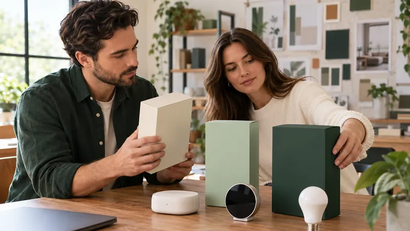 Two founders comparing blank product packaging beside a smart hub, thermostat and bulb