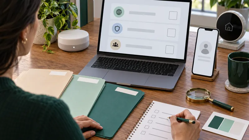 Reviewer examining blank folders and pending checklists beside a laptop, smartphone and smart home devices
