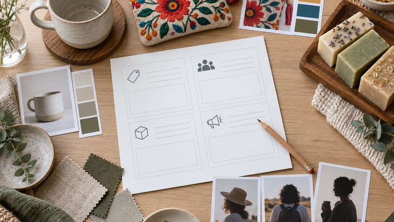 Naming worksheet surrounded by product samples, buyer references, and tone swatches