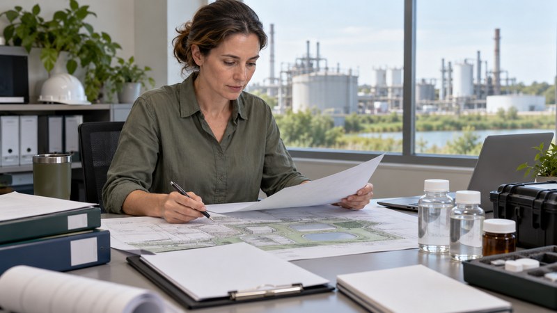 Environmental consultant reviewing site plans and sample containers at a desk