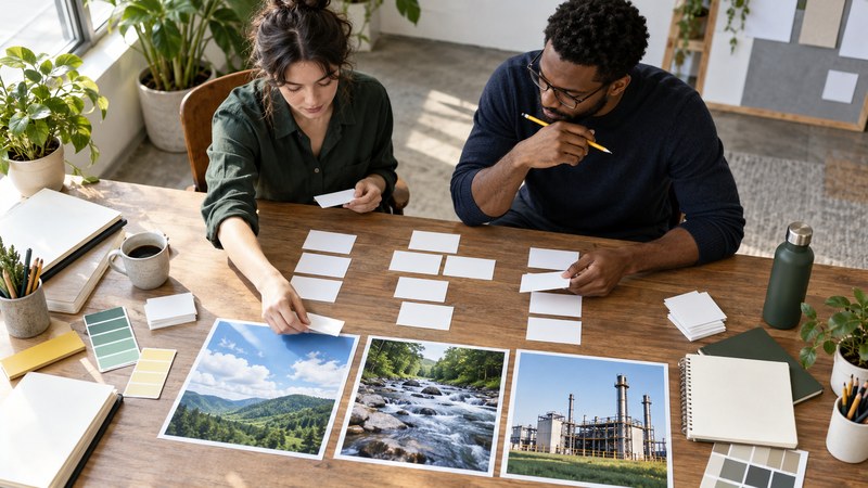 Team sorting blank word cards beside air water and factory photographs