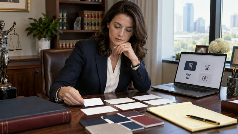 An attorney compares blank name cards, restrained color samples, and abstract monogram directions at a law office desk.