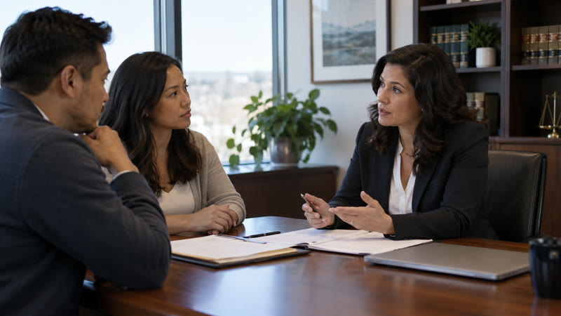 An employment attorney holds a calm, confidential consultation with two working professionals in a modern office.